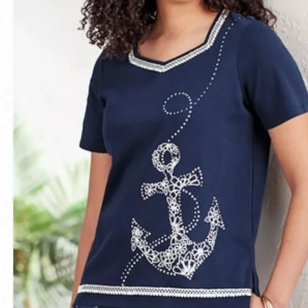 Alfred Dunner Size PS Navy Anchors Away Short Sleeve Top $22 - Picture 2 of 7